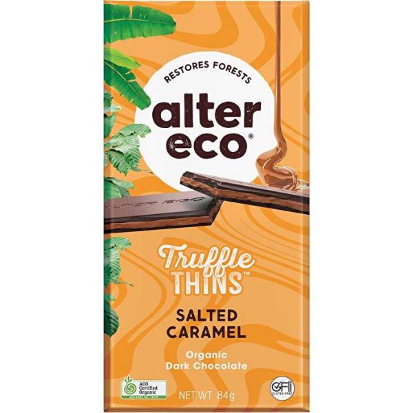 Alter Eco Chocolate Organic Salted Caramel Dark Truffle Thins 12x84g Hot on Sale