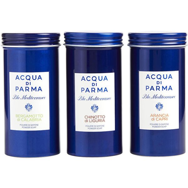 Acqua Di Parma Blue Mediterraneo Variety 3 Piece Variety With Arancia Di Capri & Chinotto Di Liguria & Bergamotto Di Calabria And All Are Powder Soap 75ml 2.5oz Hot on Sale